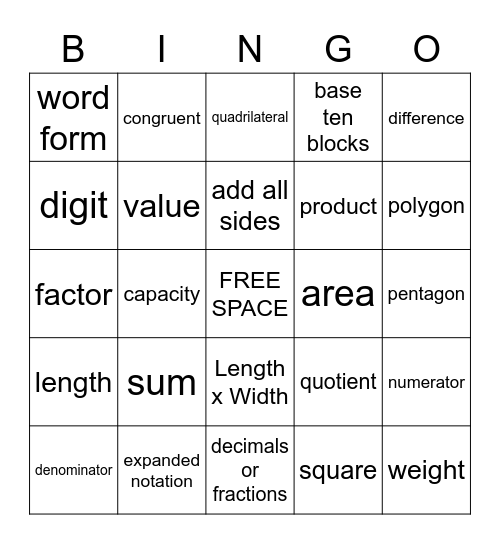 Math Vocabulary Terms Bingo Card