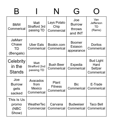 Super Bowl 2022 Bingo Card