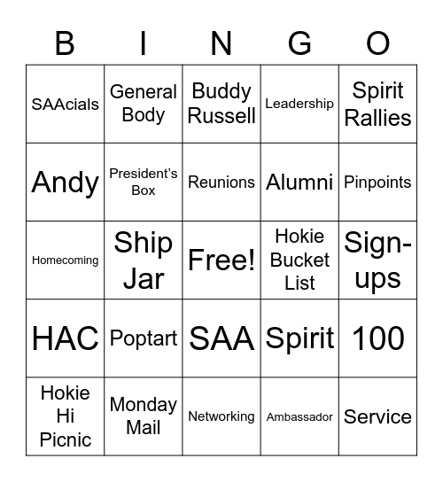 SAA Bingo Card