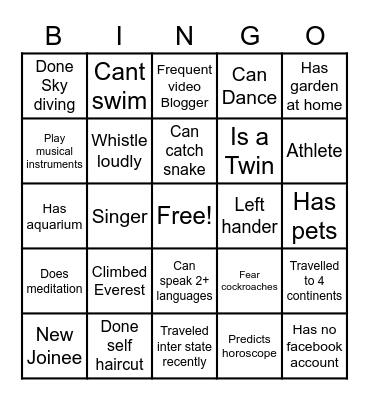 Team Building Bingo Card