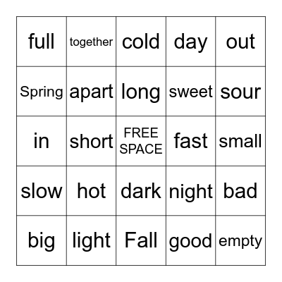 Opposite BINGO Card