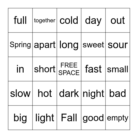 Opposite BINGO Card