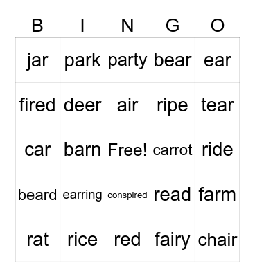 -IR, -AIR-, -IRE, AR, -E BINGO Card