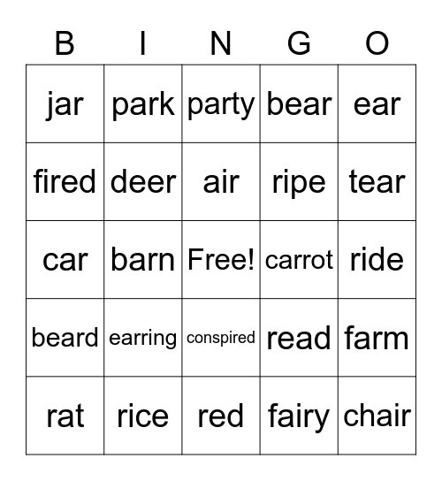 -IR, -AIR-, -IRE, AR, -E BINGO Card