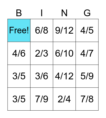 Fraction Bingo Card