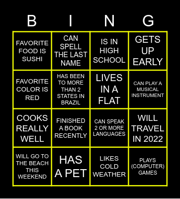 FIRST DAY ACTIVITY BINGO Card