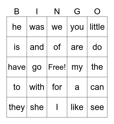 Sight Words Bingo Card