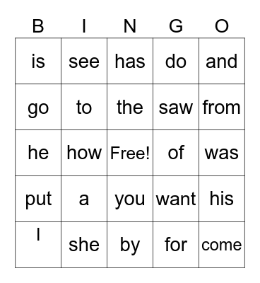 Sight Words Bingo Card