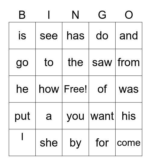 Sight Words Bingo Card