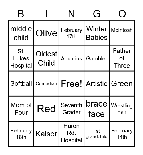 February Babies Bingo Card