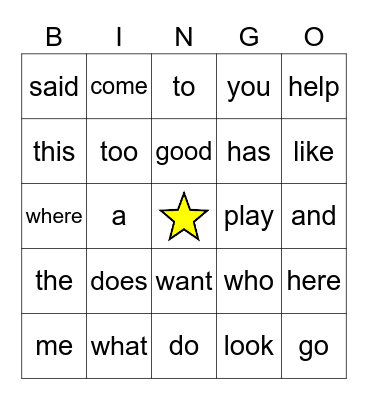 Sight Words Bingo Card