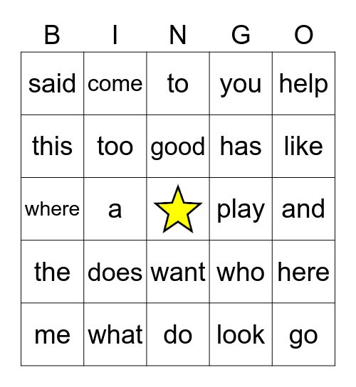 Sight Words Bingo Card