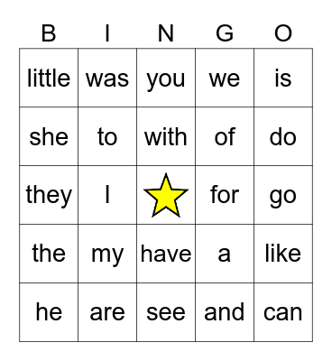 Sight Words Bingo Card