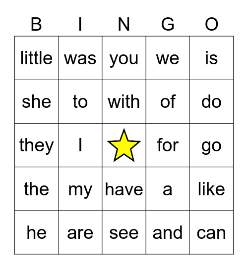 Sight Words Bingo Card