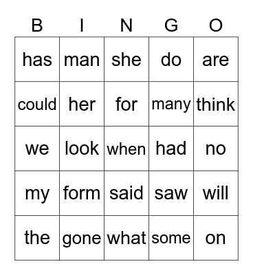 Sight Words Set 1 Bingo Card