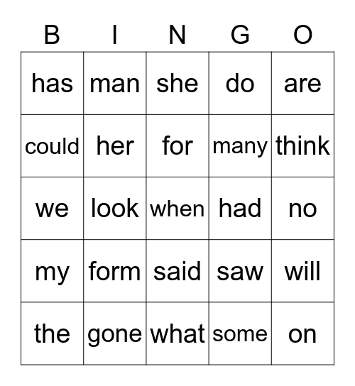 Sight Words Set 1 Bingo Card