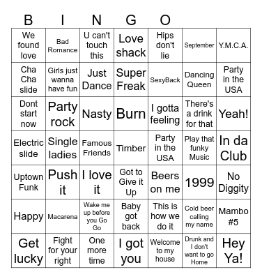 Party songs Bingo Card