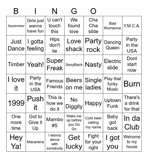 Party songs Bingo Card