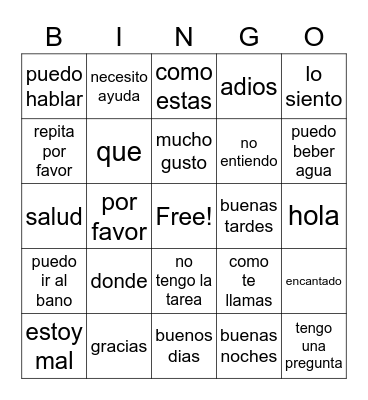 spanish phrases Bingo Card