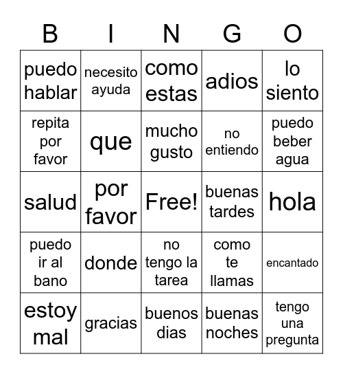 spanish phrases Bingo Card