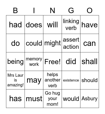 HELPING VERBS Bingo Card