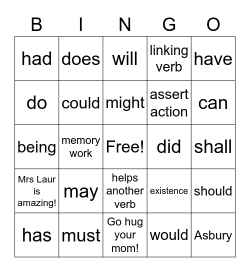 HELPING VERBS Bingo Card