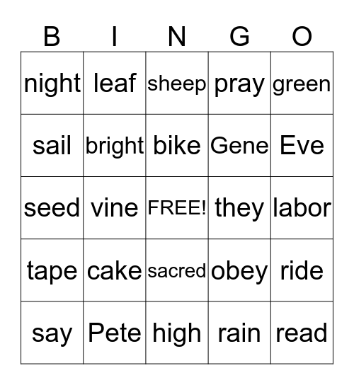 Long Vowel Patterns of A,E,and I Bingo Card