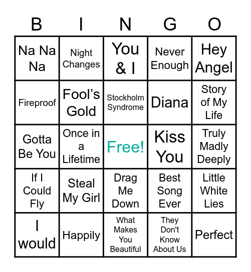 1D SONGS BINGO !! Bingo Card