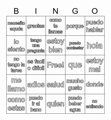 spanish phrases Bingo Card
