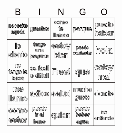 spanish phrases Bingo Card
