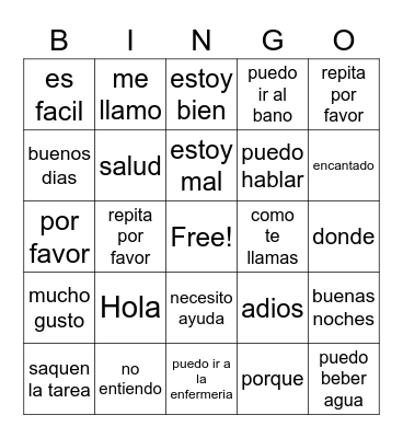 Spanish Phrases Bingo Card