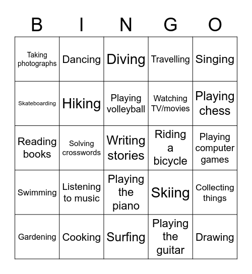 Hobbies Bingo 4 Bingo Card