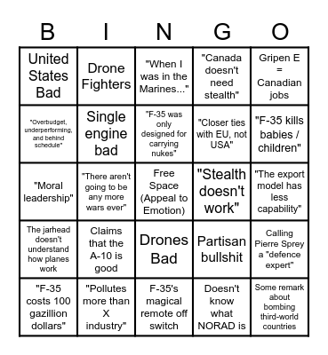 AERO SATAN 35 Bingo - Canada Edition Bingo Card