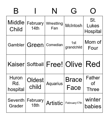 February Babies Bingo Card