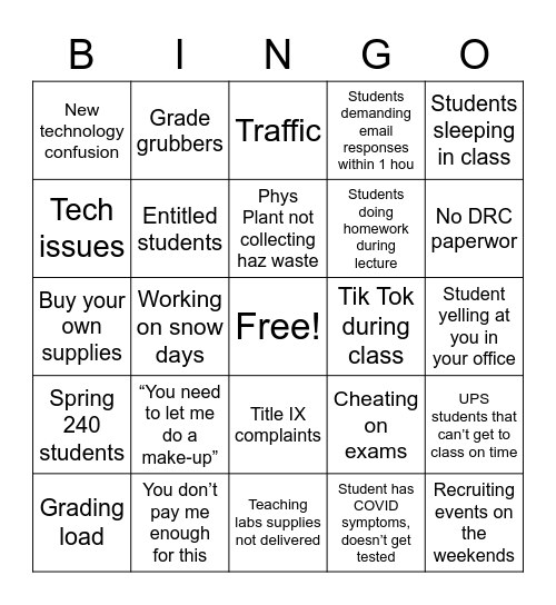 Biology faculty bingo Card