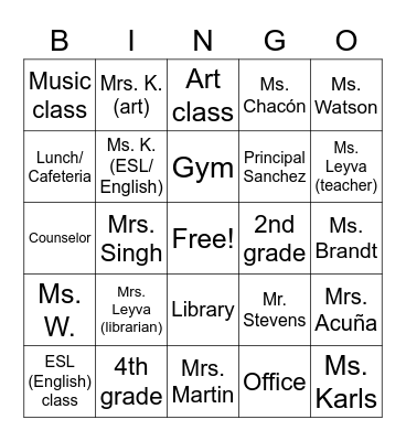 School Places & School Workers Bingo Card