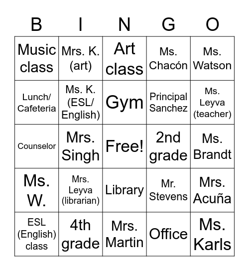 School Places & School Workers Bingo Card