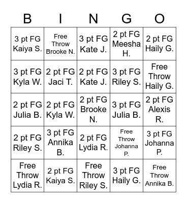 MLA Girls Basketball Bingo Card