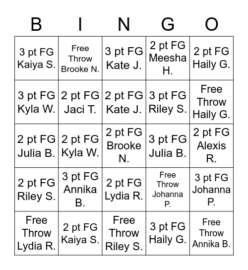 MLA Girls Basketball Bingo Card