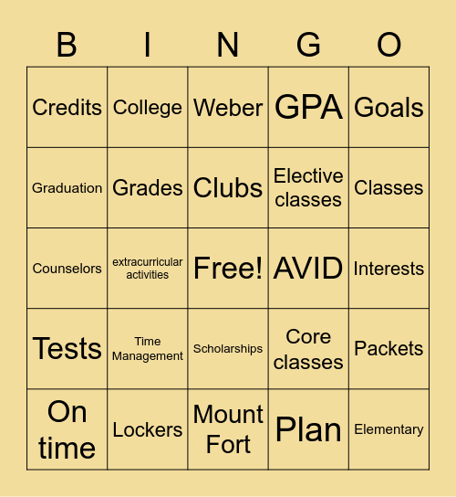 Junior High Introduction Bingo Card