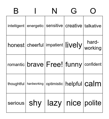 Personality Adjectives Bingo Card
