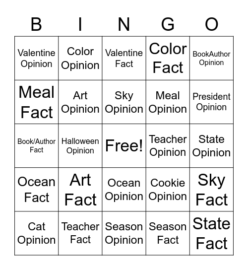 Fact vs Opinion Bingo Card
