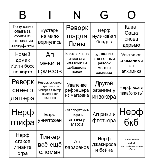 dota 7.31 Bingo Card