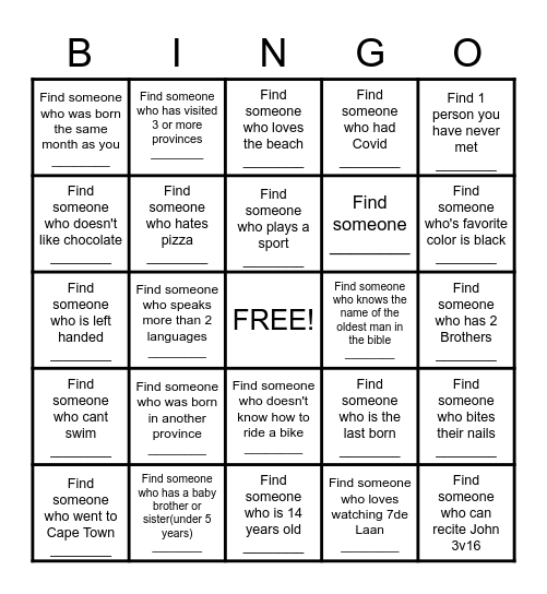 Getting to Know Our Youth Bingo Card