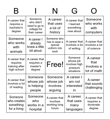 NPE Career Fair Bingo Card