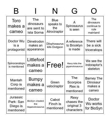 Jurassic World Dominion Bingo Card