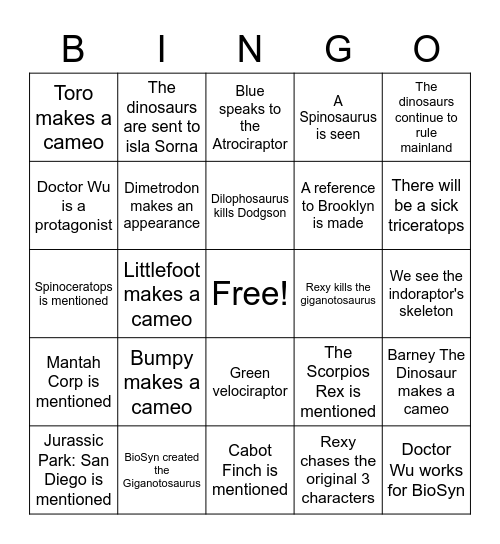 Jurassic World Dominion Bingo Card