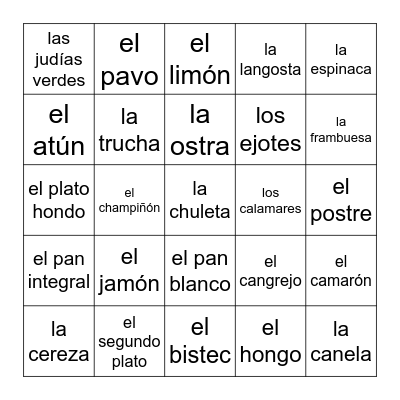 Ch 7 Food Vocab #3 Bingo Card