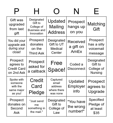 UToledo Foundation Phonathon Bingo Card