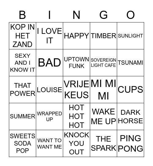 Muziek Bingo EindFeest Groep 8 2015 Bingo Card